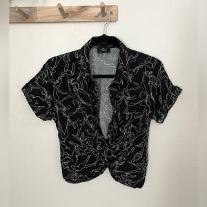 Milk & honey. Women’s Graphic Black button down crop top.